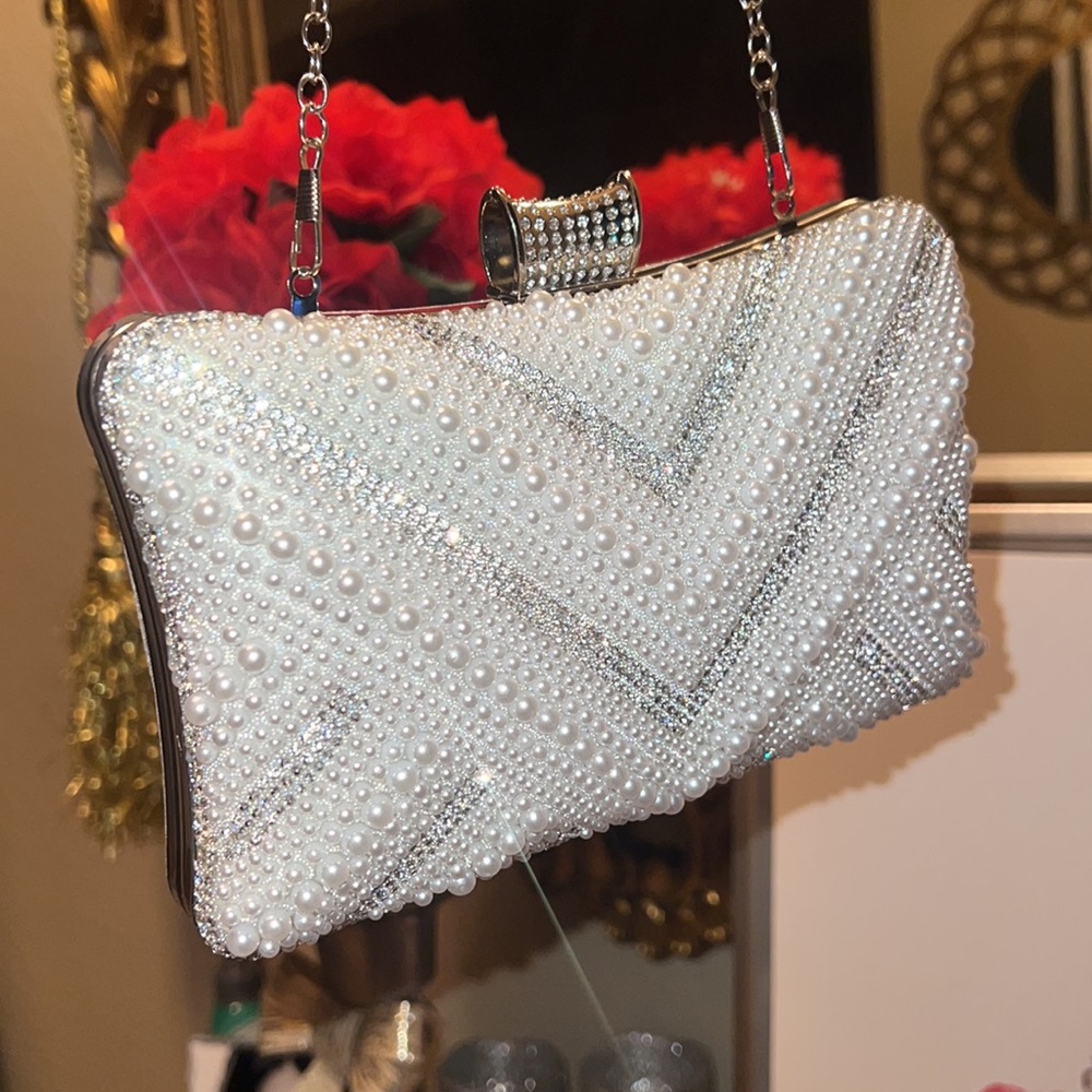 NIP White Beads Banquet Bag, Elegant Clutch Evening Bag For Women Chain Bag